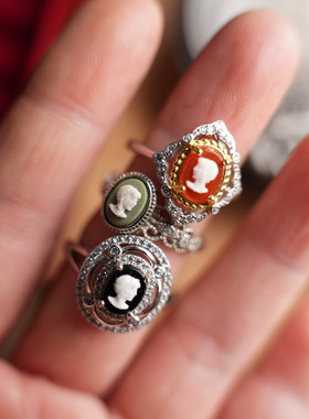 欧美复古优雅卡梅奥纯银戒指