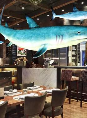 大型玻璃钢雕塑鲨鱼吊挂餐厅墙面装饰品仿真海洋动物发光灯摆件