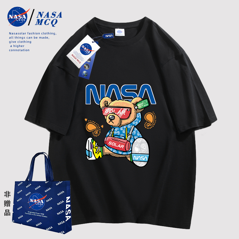 NASA MCQ联名2024夏季时尚百搭动漫小熊印花男士情侣同款T恤FY - 图1