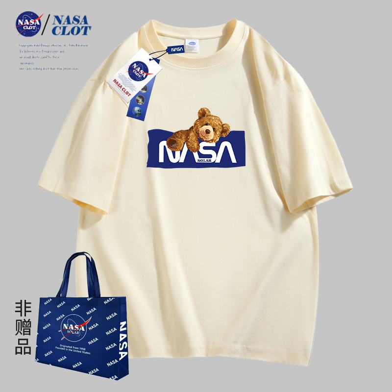 NASA MCQ联名2024新款百搭印花小熊卡通字母男女情侣同款纯棉T恤