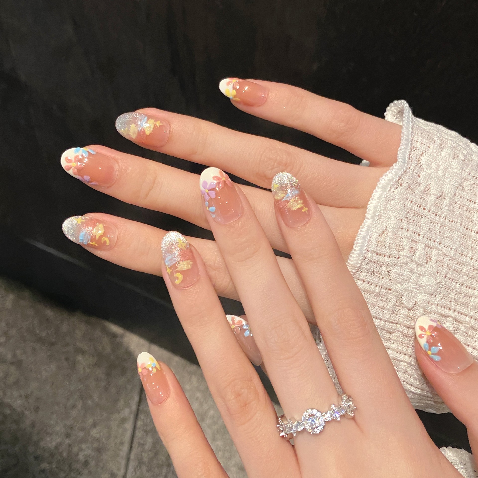 【油画情诗】爆款鸟语花香腮红猫眼法式显白纯手工美甲穿戴甲短款 - 图2