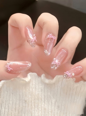 【芭蕾舞鞋】侧光法式猫眼手捏蝴蝶结甜美气质纯手工穿戴甲中长款
