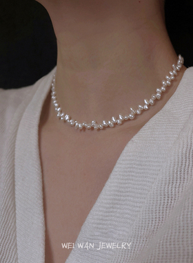 天然淡水珍珠项链小巴洛克新款小众错位不规则法式复古锁骨链颈链