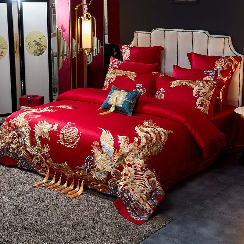 TB婚庆四件套高级感结婚床上用品大红色100支纯棉床单陪嫁十套件