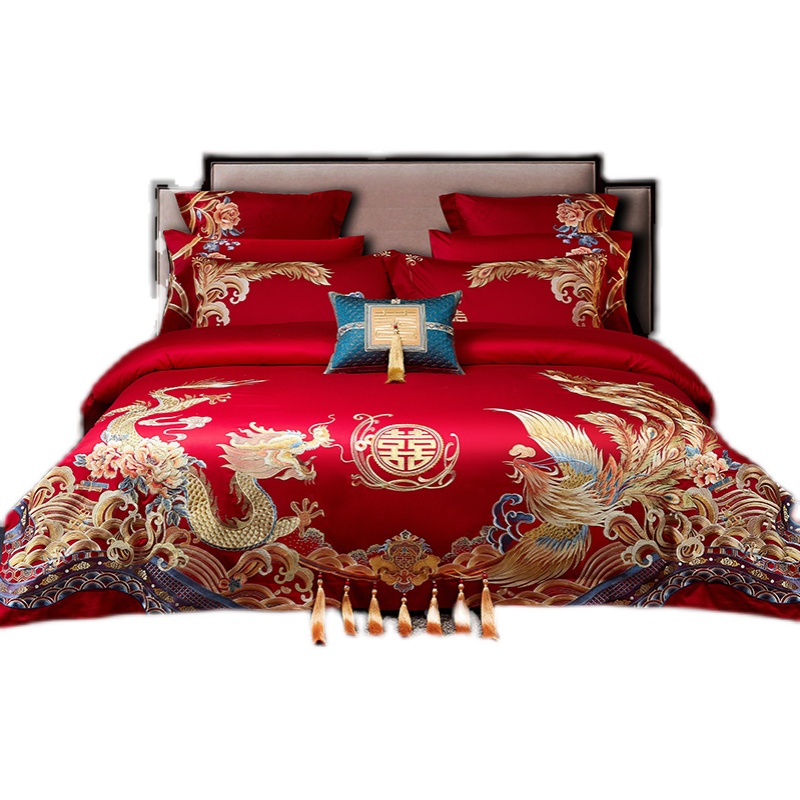 TB婚庆四件套高级感结婚床上用品大红色100支纯棉床单陪嫁十套件