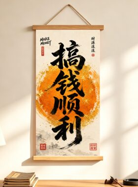 新中式国潮书法卷轴挂画搞钱顺利平安顺遂玄关茶室办公室装饰画