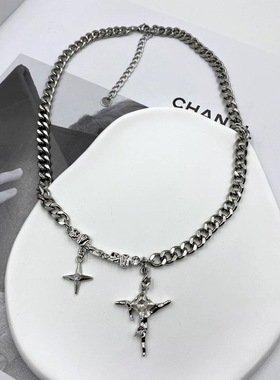 美式古巴项链男款高级感轻奢小众钛钢男生锁骨链装饰芒星设计吊坠