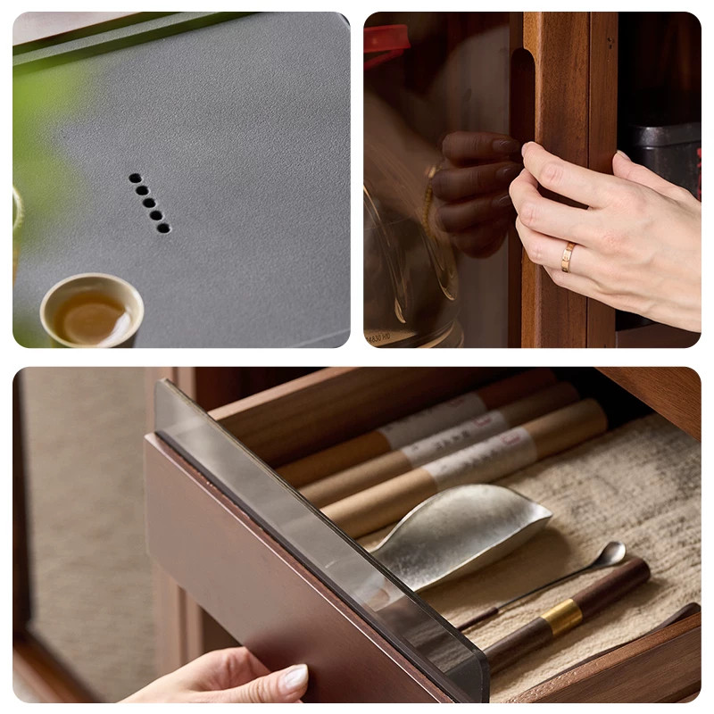 Solid wood movable household tea table small apartment balcony coffee table multi-functional tea table tea set storage tea cabinet