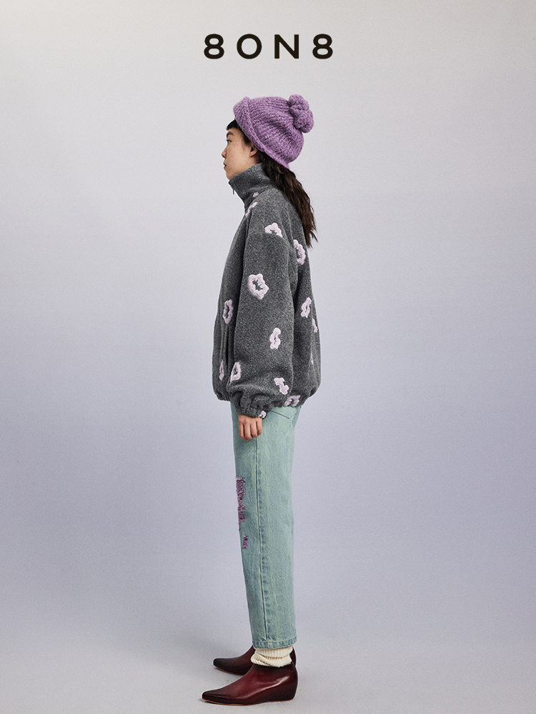 8ON8秋冬暮光紫浓雾灰羊毛摇粒绒外套夹克时尚百搭上衣时尚高级感 - 图1