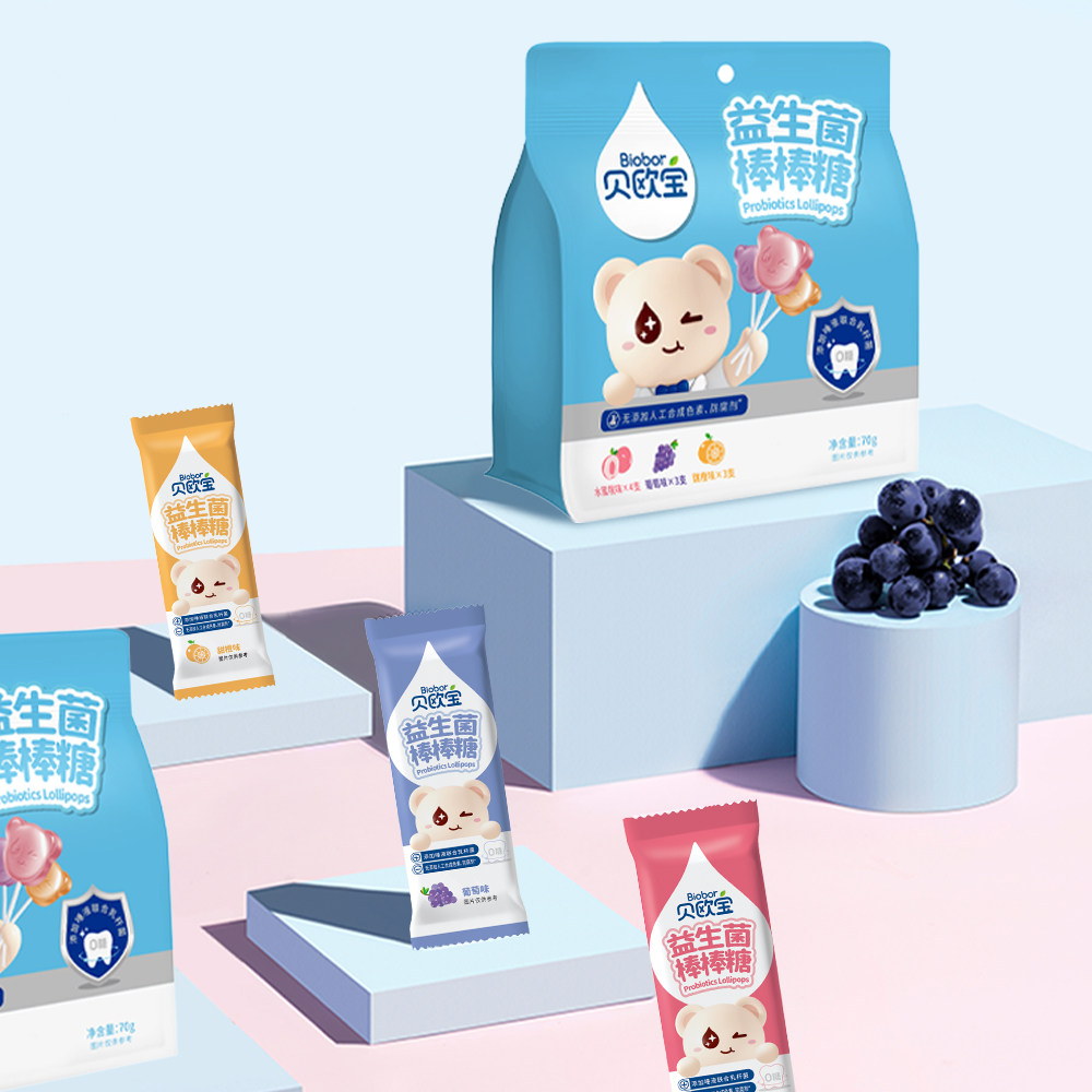盒马贝欧宝益生菌棒棒糖70g混合口味水蜜桃葡萄橙子味小零食糖果 - 图0