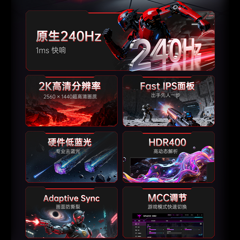 KTC23.8英寸原生2K240Hz电竞1Ms游戏显示器FastIPS快速液晶H24E7 - 图0