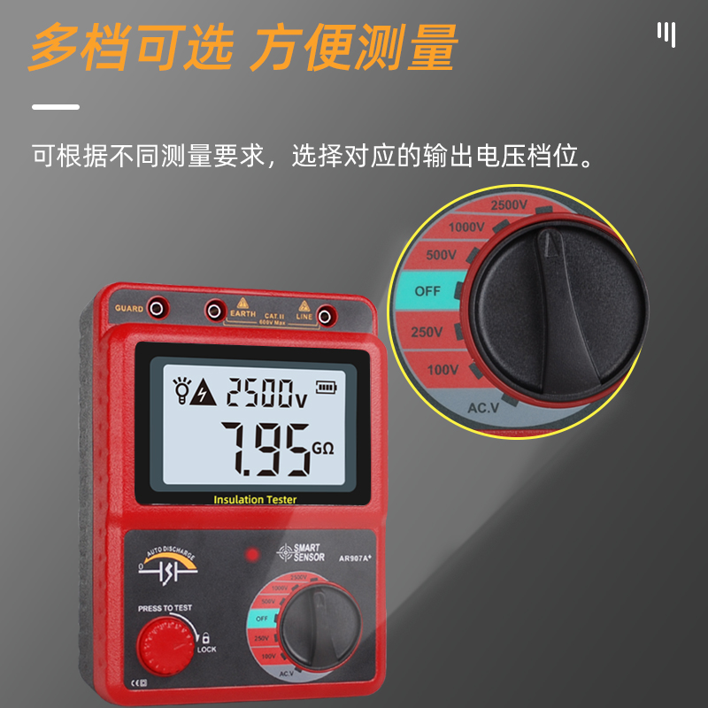 希玛AR907A+数字兆欧表500V1000V2500V电子摇表绝缘电阻测试仪 - 图3