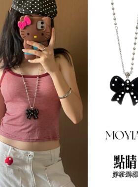 韩版黑色波点爱心吊坠编织绳项链小众设计高级感长款毛衣链甜酷风