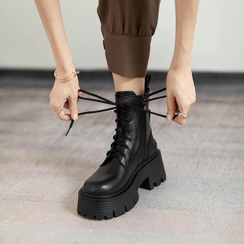 潮牌厚底真皮马丁靴女ins2025新款系带加绒松糕机车靴子粗跟短靴,淘宝优惠券,粉丝福利购,淘宝优惠卷