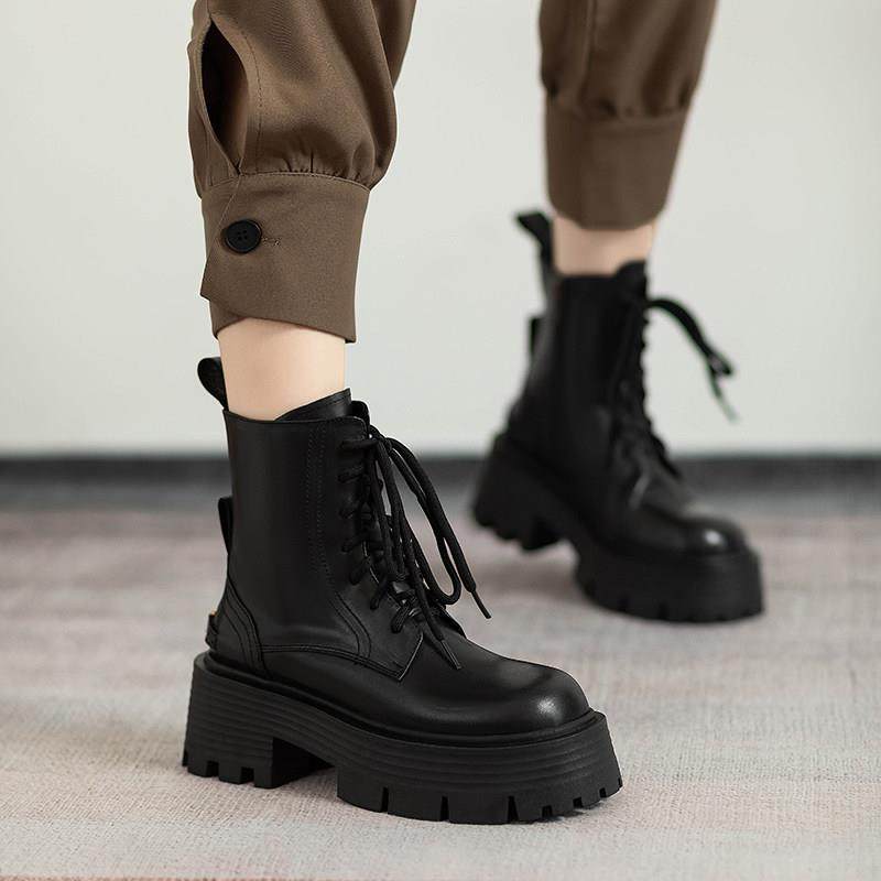 潮牌厚底真皮马丁靴女ins2025新款系带加绒松糕机车靴子粗跟短靴,淘宝优惠券,粉丝福利购,淘宝优惠卷