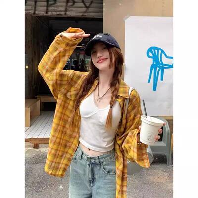 【新款】韩版hiphop撞色格子长袖衬衫宽松慵懒风百搭外套xw