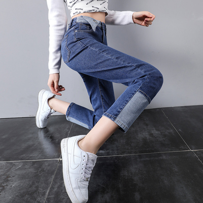女2022春季新款拼接直筒牛仔裤