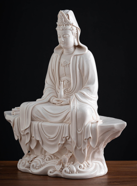 陶瓷摆件坐岩禅定观音佛像
