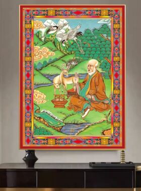 网红【西藏包邮】藏式吉祥四瑞八宝客厅高端晶瓷画长寿老人唐卡
