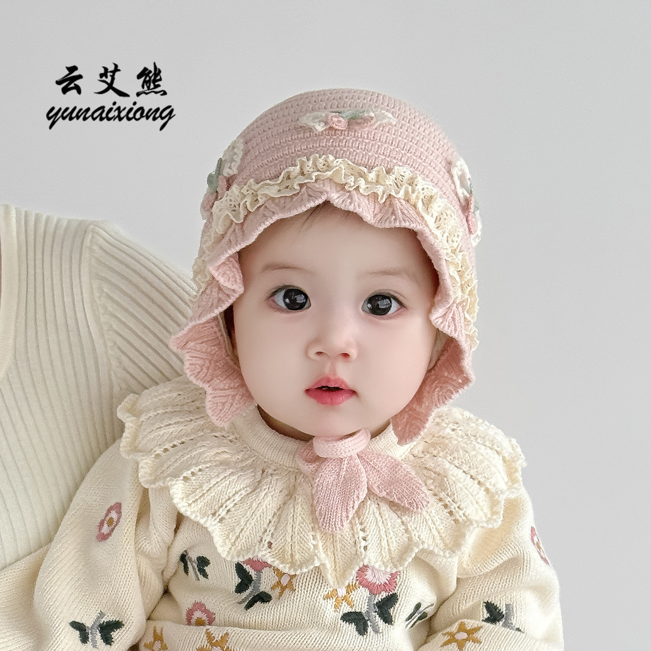 秋冬季花边甜美公主婴儿帽子女童针织宝宝保暖毛线帽渔夫帽小月龄 - 图0