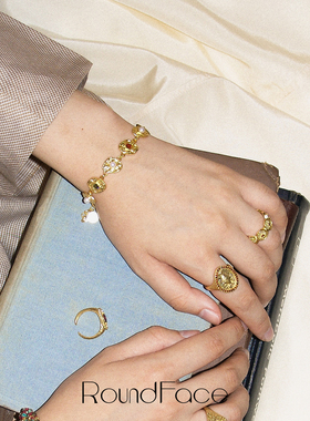 RoundFace信物系列⾦⾊⽴体镶⽯⼿链⼿⼯礼物