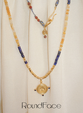 RoundFace铭⽂系列红⽟髓蓝玉髓⽴体项链复古⼿⼯礼物