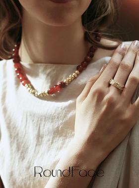 RoundFace月光系列原创戒指轻奢女纯银开口戒法式复古金色 纯手工