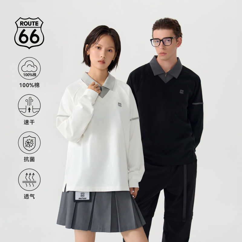 66号公路假两件卫衣秋季男女纯棉长袖学院风polo衫翻领情侣上衣,淘宝优惠券,粉丝福利购,淘宝优惠卷