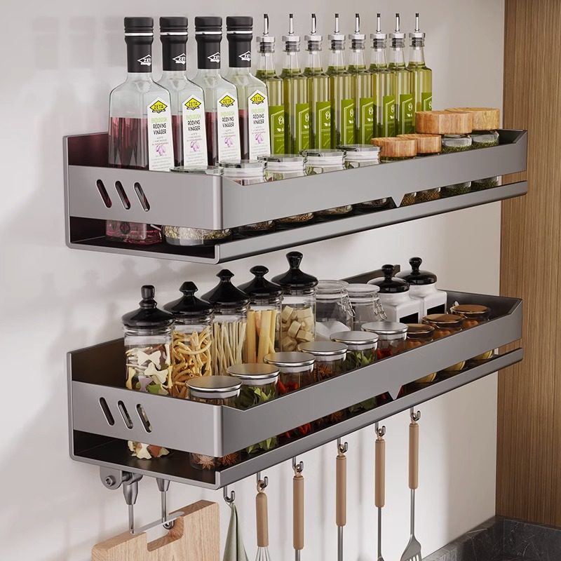 枪灰厨房置物架调料架免打孔壁挂式调味料品罐家用品墙上收纳架子,淘宝优惠券,粉丝福利购,淘宝优惠卷