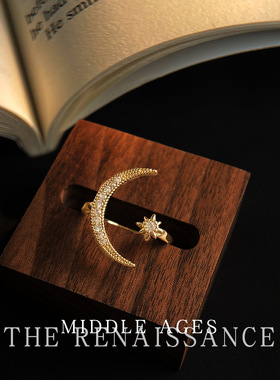 vintage中古风星月锆石戒指几何虎眼石食指戒小众高级感开口戒女