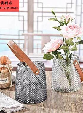 轻奢创意皮革手提花瓶玻璃水培插花玫瑰百合客厅餐桌装饰摆饰