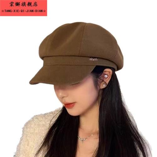 新款贝雷帽帽子女秋冬显脸小鸭舌八角帽大头围法式复古黑色报童潮 - 图3