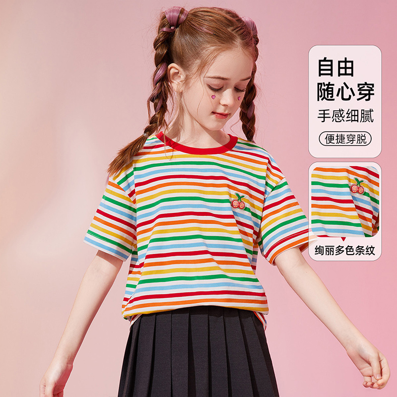 ASKjunior 童装2024夏季洋气时髦女童t恤短袖儿童条纹棉小T恤 - 图0