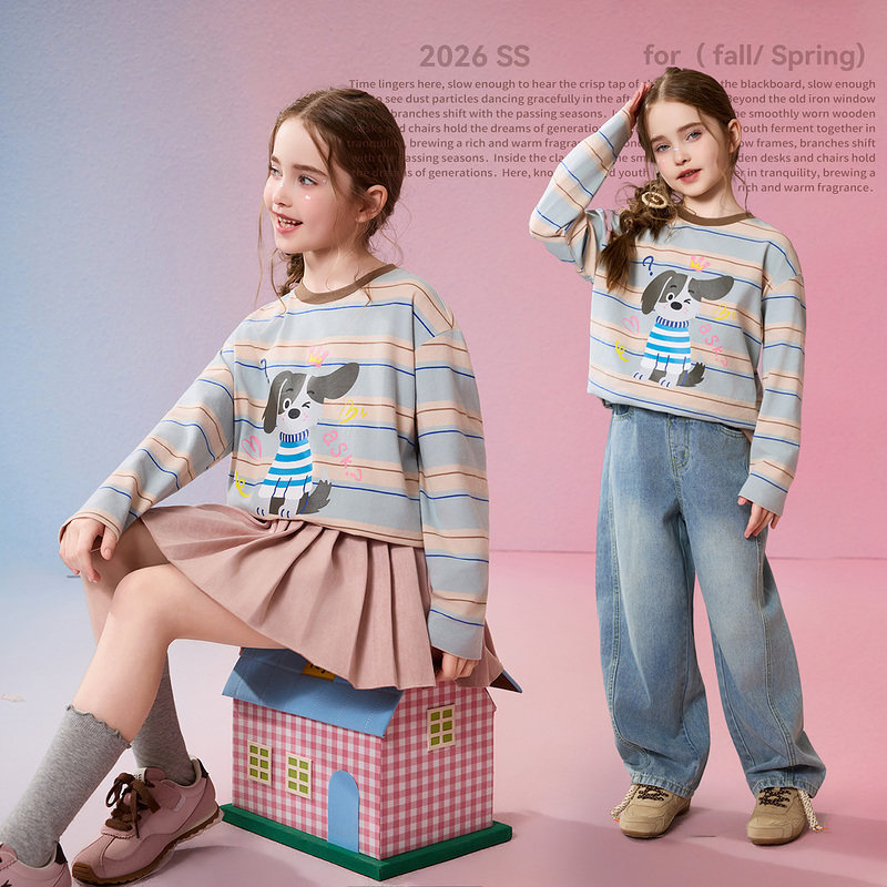 ask儿童T恤2026春季新款女童撞色条纹上衣中大童印花长袖童装,淘宝优惠券,粉丝福利购,淘宝优惠卷