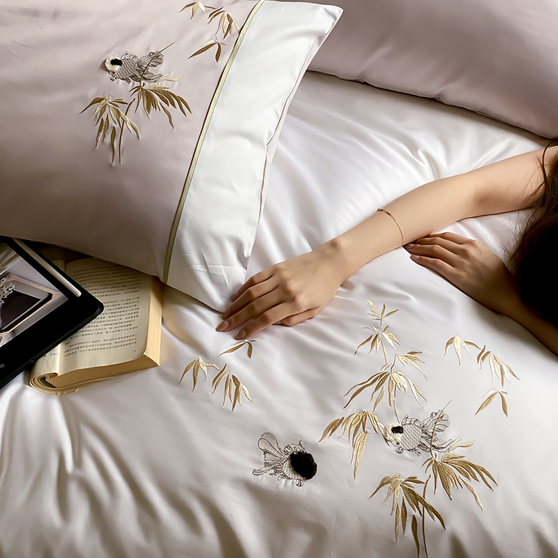 简约新中式刺绣A类100s全棉长绒棉四件套纯棉被套床单床上用品 - 图2