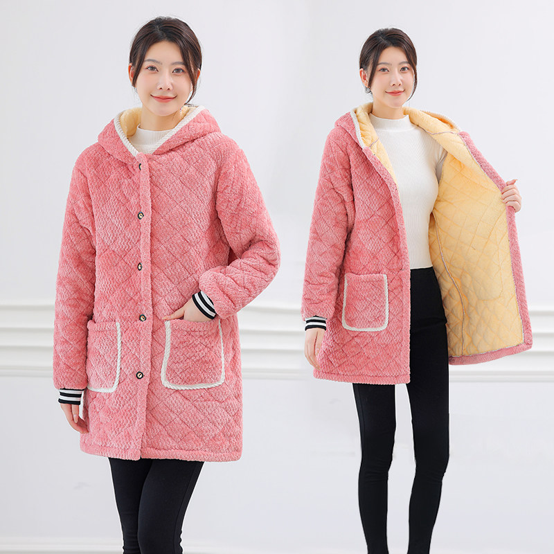 罩衣女新款冬季加绒加厚工作服时尚棉衣保暖围裙厨房家用长款棉袄 - 图0