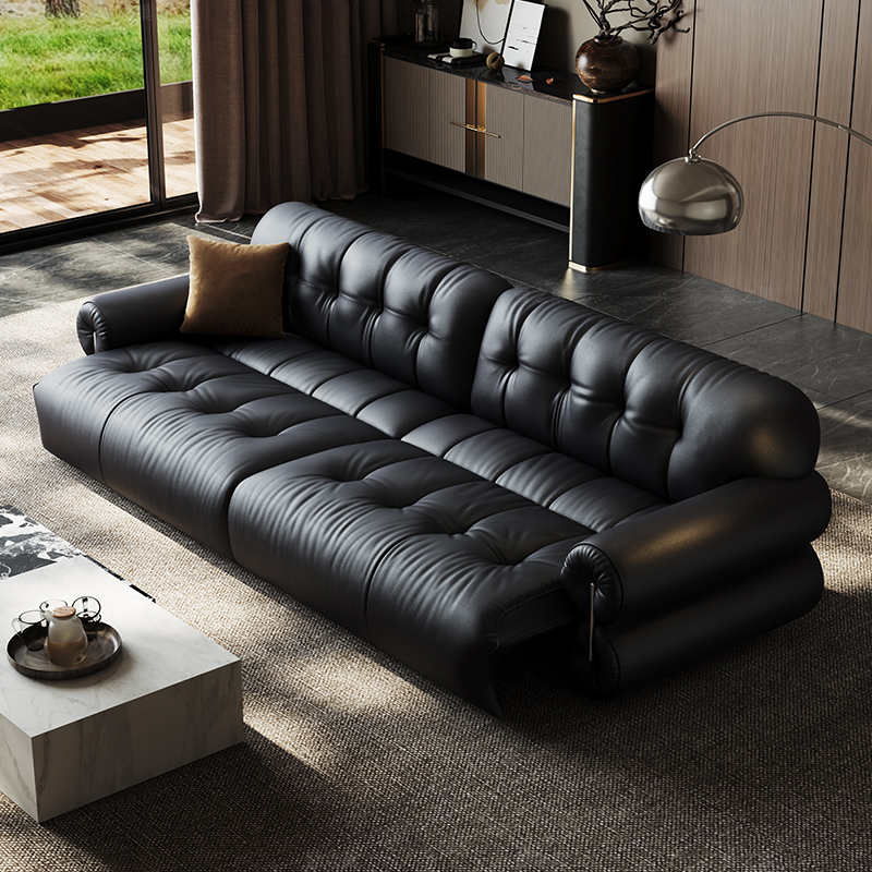 黑糖云朵电动功能沙发可调节黑色真皮零靠墙法式复古沙发床 - 图1