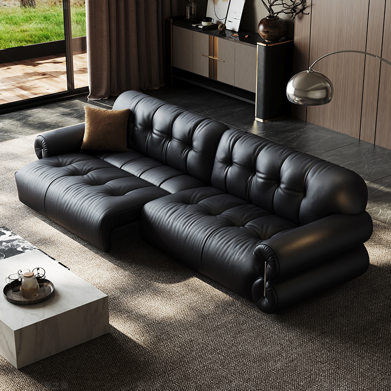 黑糖云朵电动功能沙发可调节黑色真皮零靠墙法式复古沙发床 - 图0