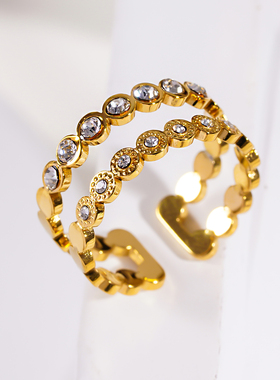 HACKNEY NINE英国伦敦轻奢饰品18K镀金双钻环雕刻纹理复古戒指