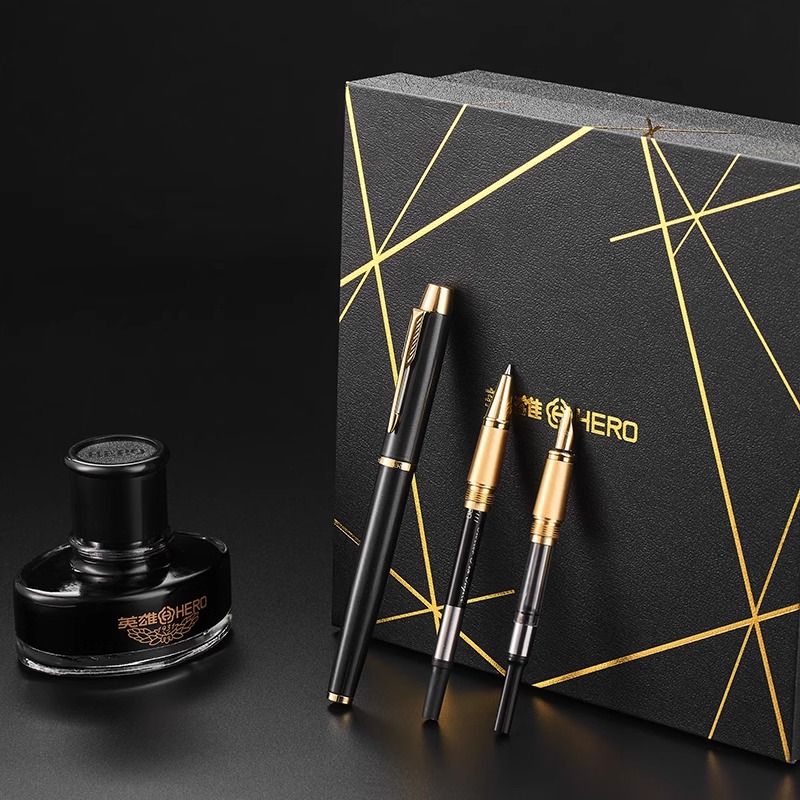 【一笔三用】HERO英雄钢笔1802礼物送礼商务男士高档精致礼品礼盒套装弯头美工签字笔三件套logo刻字钢笔定制