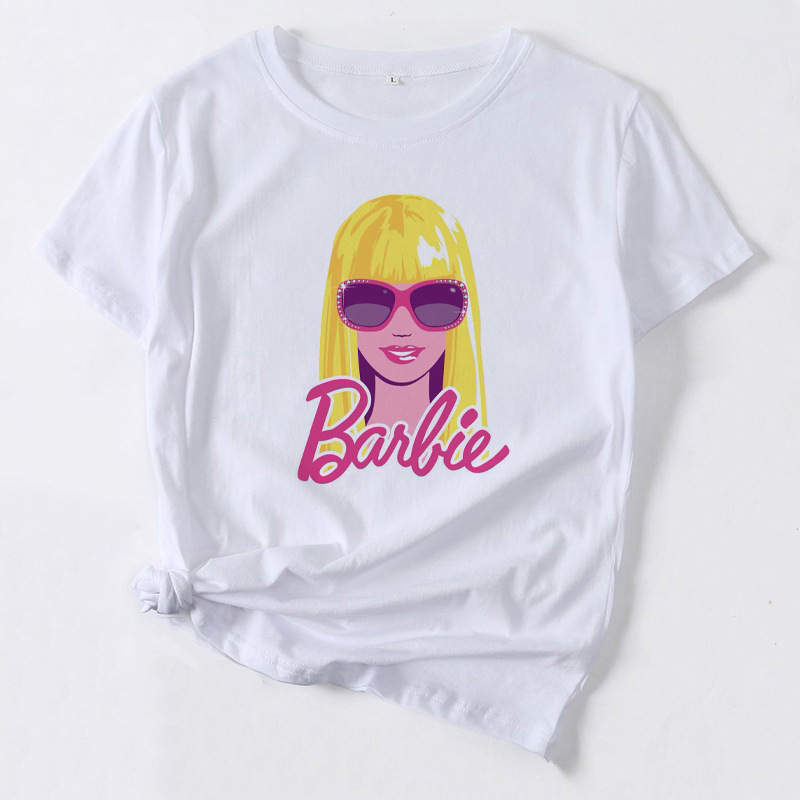 Barbie shrimp round neck printed white T-shirt short sleeved - 图1