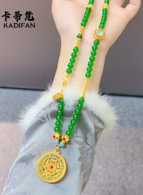 沙金新中式设计款祖母绿圆珠罗盘项链2024新款国风毛衣链女
