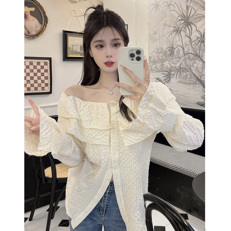 实拍~大码胖MM早春设计感荷叶边收腰显瘦衬衫韩系一字肩上衣 - 图0