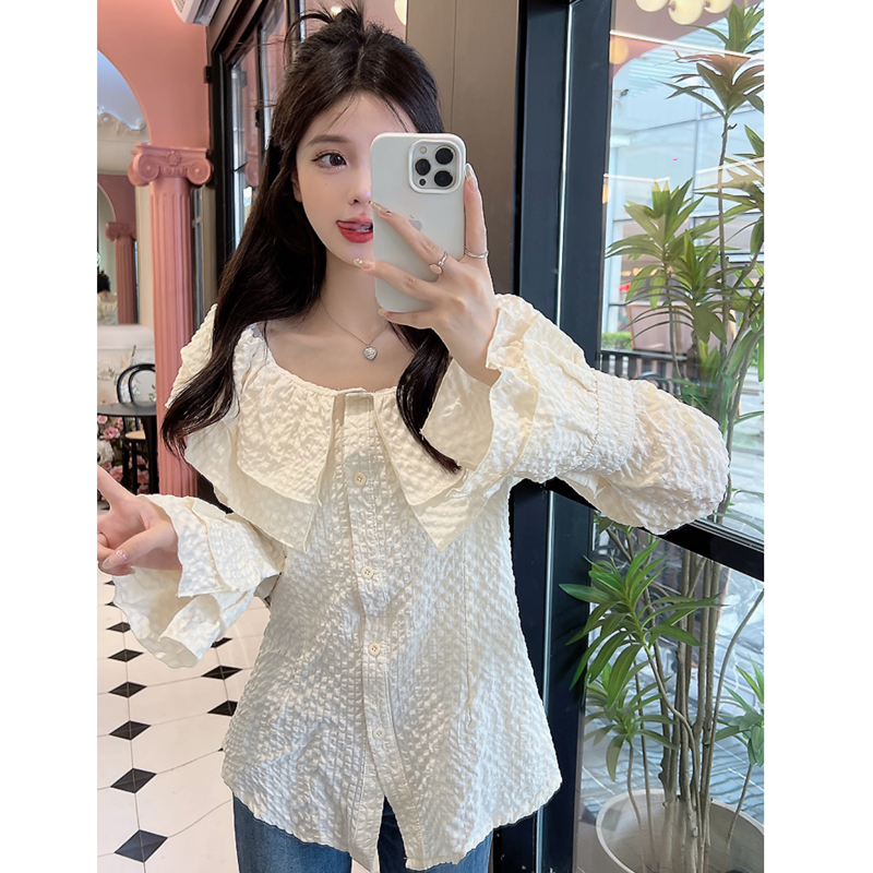 实拍~大码胖MM早春设计感荷叶边收腰显瘦衬衫韩系一字肩上衣 - 图2