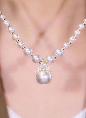 路途紫色珍珠皇冠水晶项炼女轻奢简约高级感气质锁骨炼送女友礼物