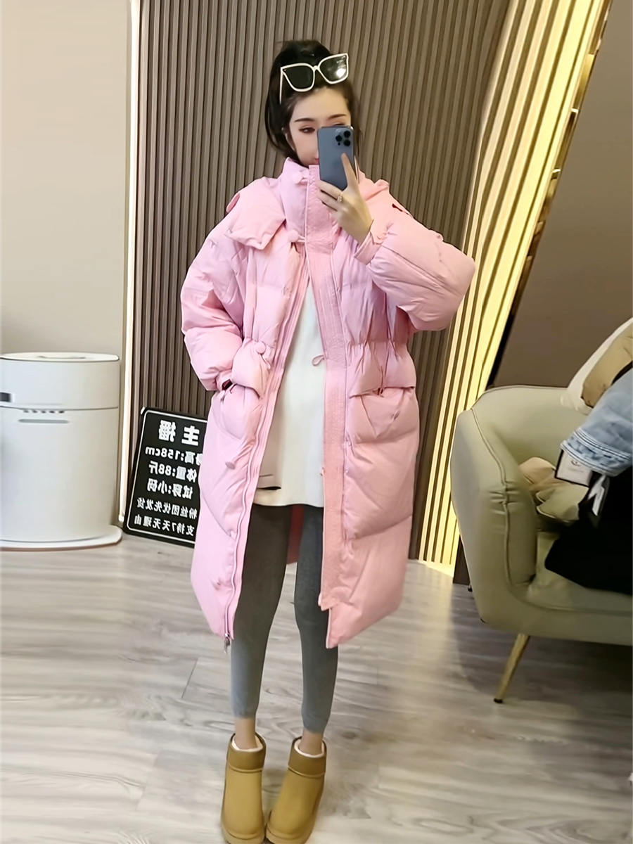 中长款粉色羽绒服冬季女2022新款小个子高级感立领保暖韩系外套潮