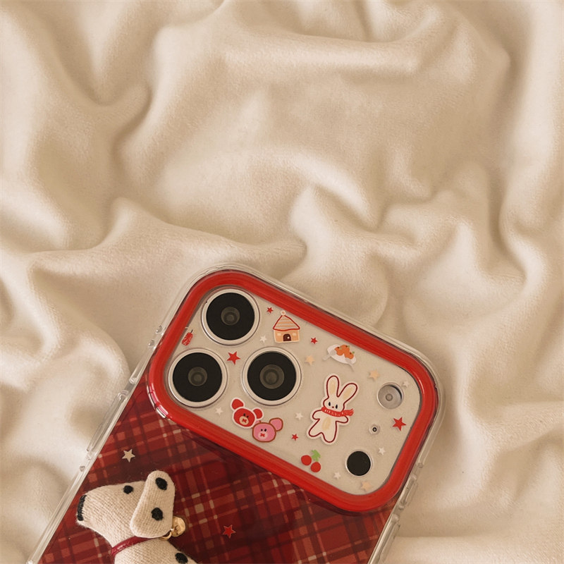 独壳 红色格纹立体斑点小狗挂饰适用苹果17promax手机壳日韩创意卡通iPhone16新款15防摔女款双层手机套硬壳,淘宝优惠券,粉丝福利购,淘宝优惠卷