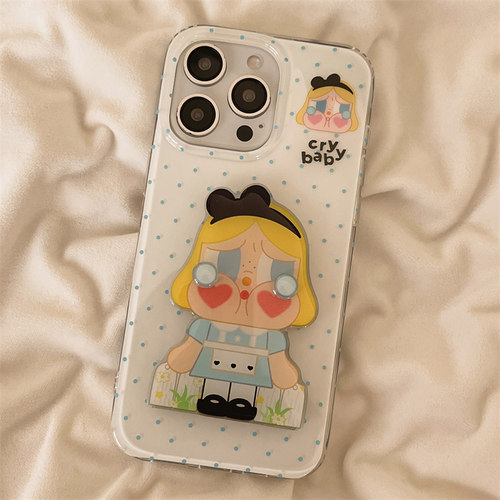 独壳 卡通波点哭娃镜子支架适用17pro苹果16手机壳超萌iPhone15promax新款14ProMax防摔13女款双层手机套硬壳 - 图0