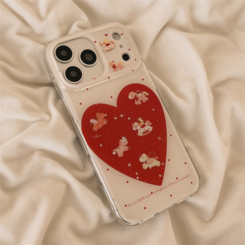 独壳 ins红色爱心小马带链条适用苹果17promax手机壳韩系简约iPhone16新款15防摔14pro女款13双层手机套硬壳,淘宝优惠券,粉丝福利购,淘宝优惠卷