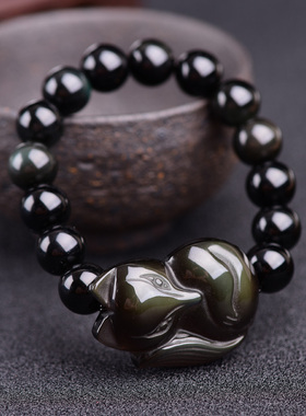 天然水晶黑曜石狐狸手链男女